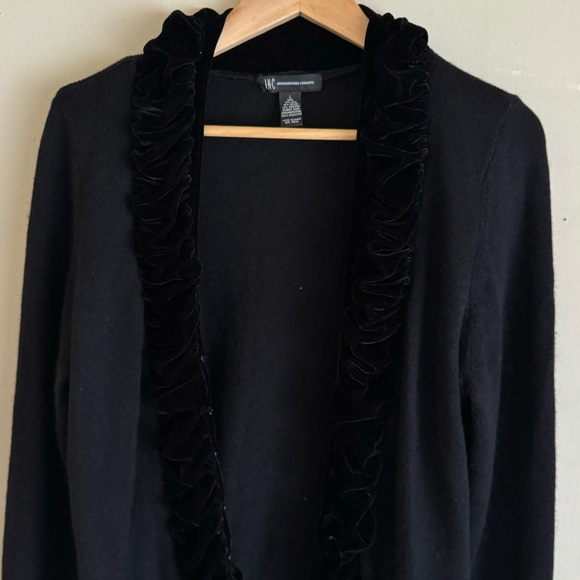 INC International Concepts Cardigan Women Sz L Black Silk Angora Velvet Trim Y2K - Picture 2 of 7
